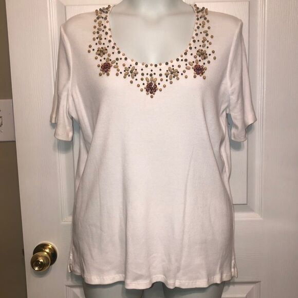 Quacker Factory Wood Beaded White Short Sleeve Ribbed Top Sz XL NWT - Picture 7 of 7